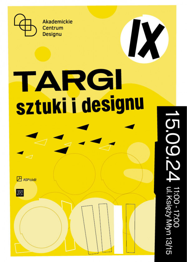 plakat z żółtym tłem, na którym znajdują się kanciaste i okrągłe kształty oraz napisy info w kolorach: biały, czarny i jasnożółty