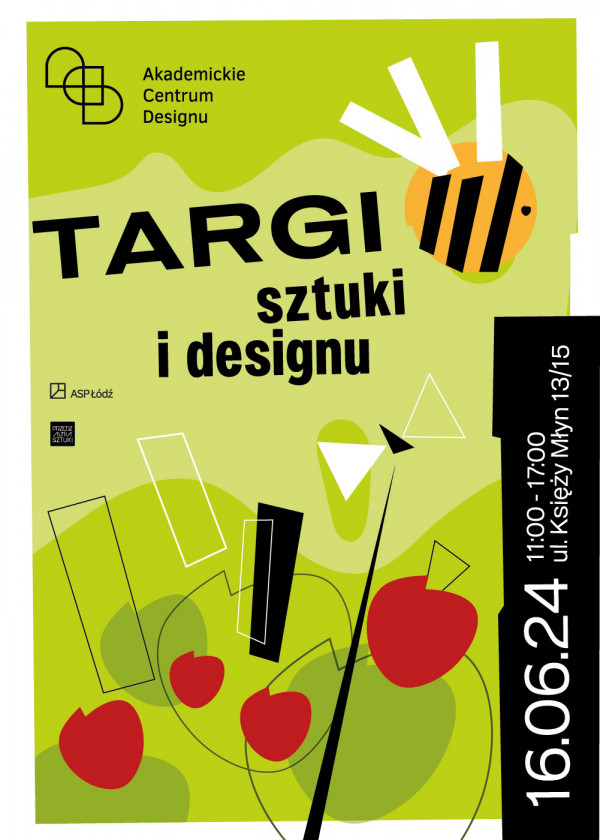 zielony plakat z kolorowymi, kanciastymi elementami przypominającymi pszczołę i jabłka